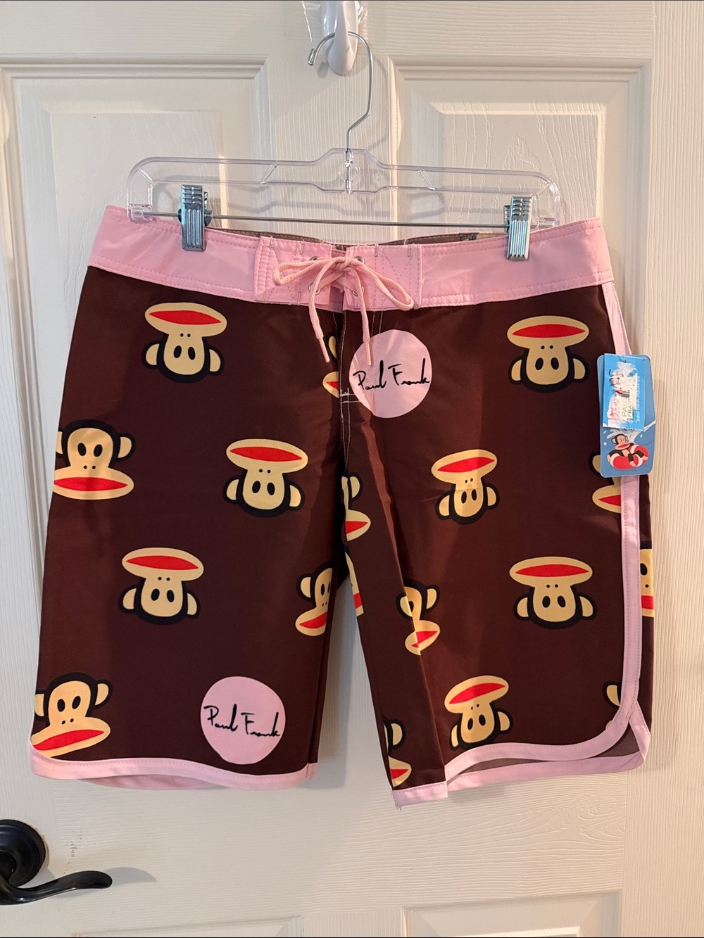 Paul Frank Brown Swim Trunks with Pink Trim and Monkey Print